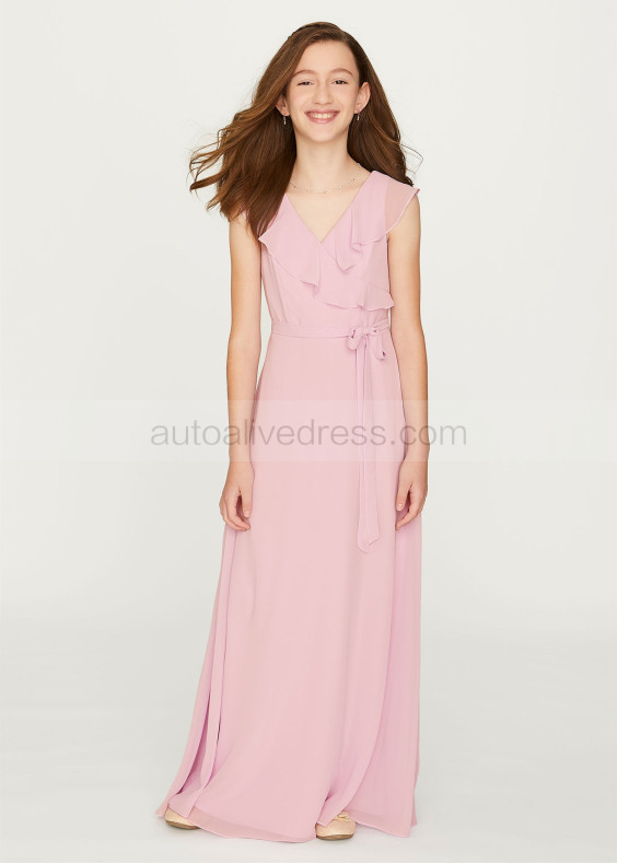 Ruffled V Neck Blush Chiffon Junior Bridesmaid Dress